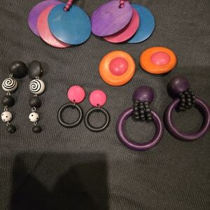 Vintage Wooden Colorful Statement Earrings Set Of 5 Pair